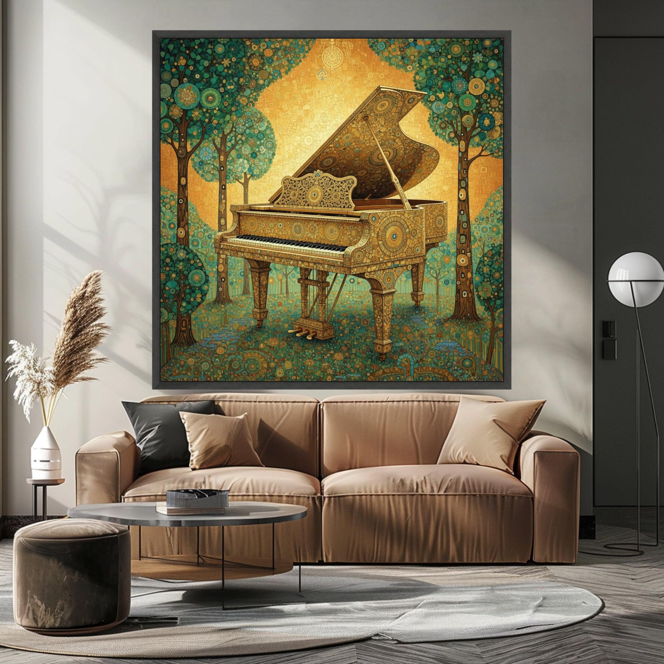 Tableau sur toile piano à queue orné vintage forêt florale 70x70cm