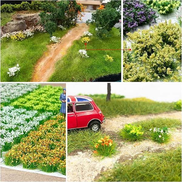 Woohome 128 PCS Miniature Colorful Flower Cluster, 4 Color Static Grass Tuft Model Vegetation Groups Static Grass Tufts for DIY Model Train Landscape Railroad Scenery Grass Tufts Flower - 5