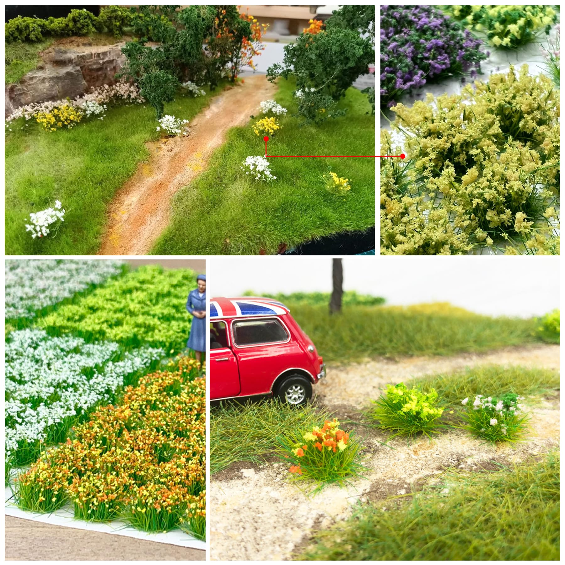 Woohome 128 PCS Miniature Colorful Flower Cluster, 4 Color Static Grass Tuft Model Vegetation Groups Static Grass Tufts for DIY Model Train Landscape Railroad Scenery Grass Tufts Flower - 5