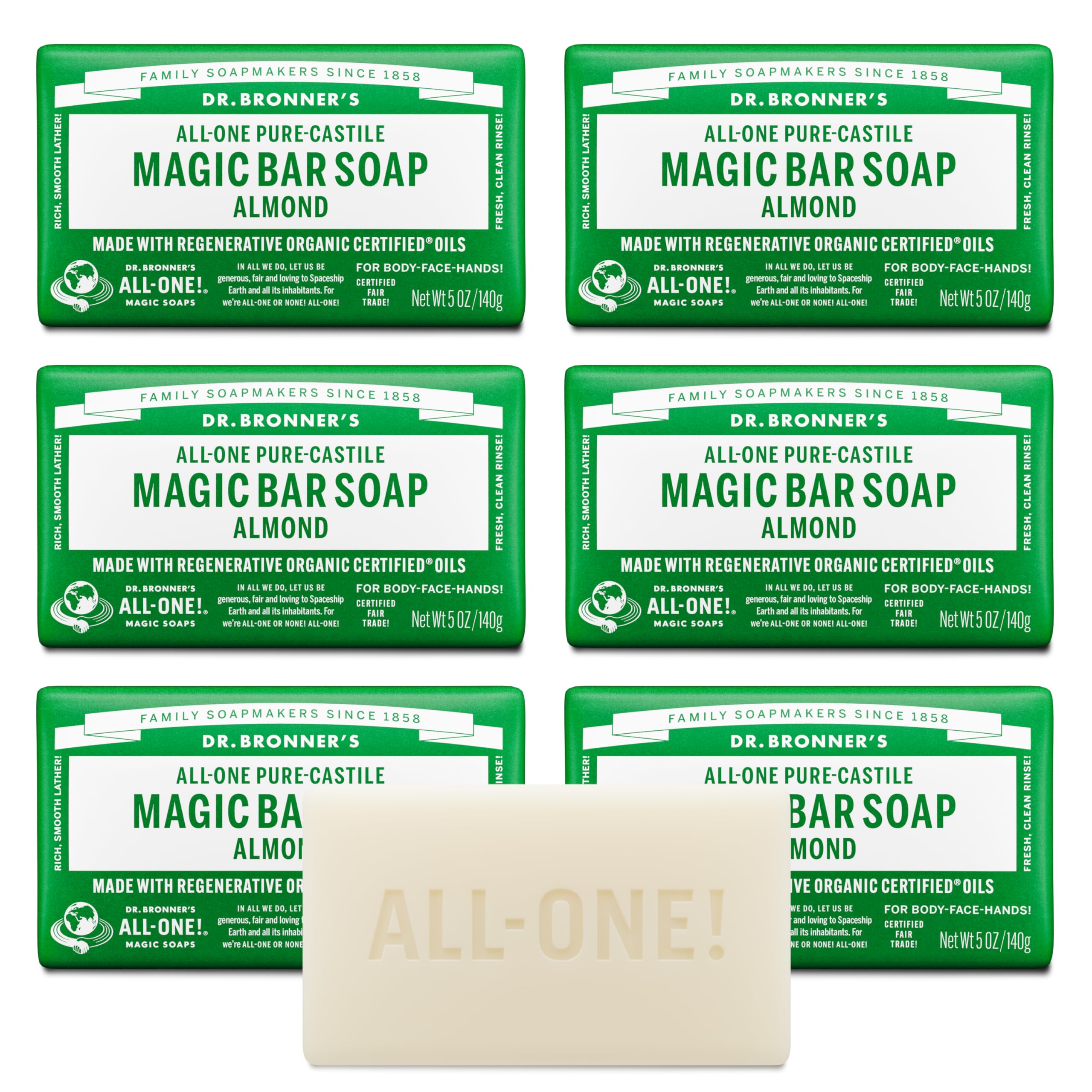 Dr. Bronner's - Pure-Castile Magic Bar Soap (Almond, 5 oz, 6-Pack) - Made with Regenerative Organic Certified Oils- For Face, Body & Hair, Gentle, Vegan Bath Soaps for Men & Women, Non-GMO