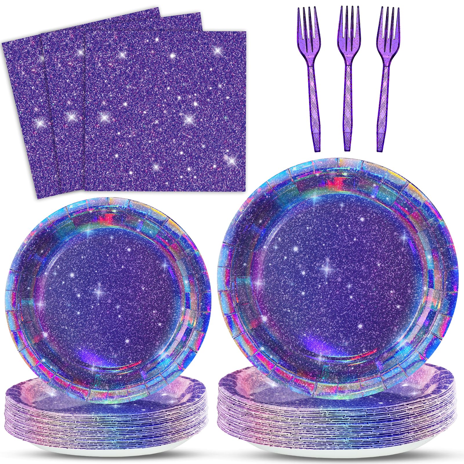 Photo 1 of 100Pcs Purple Glitter Party Decorations Demon Purple Sparkling Holographic Laser Paper Plates Napkins Disposable Tableware Set for Hunters Birthday Wedding Disco Bachelorette Party Supplies Serves 25