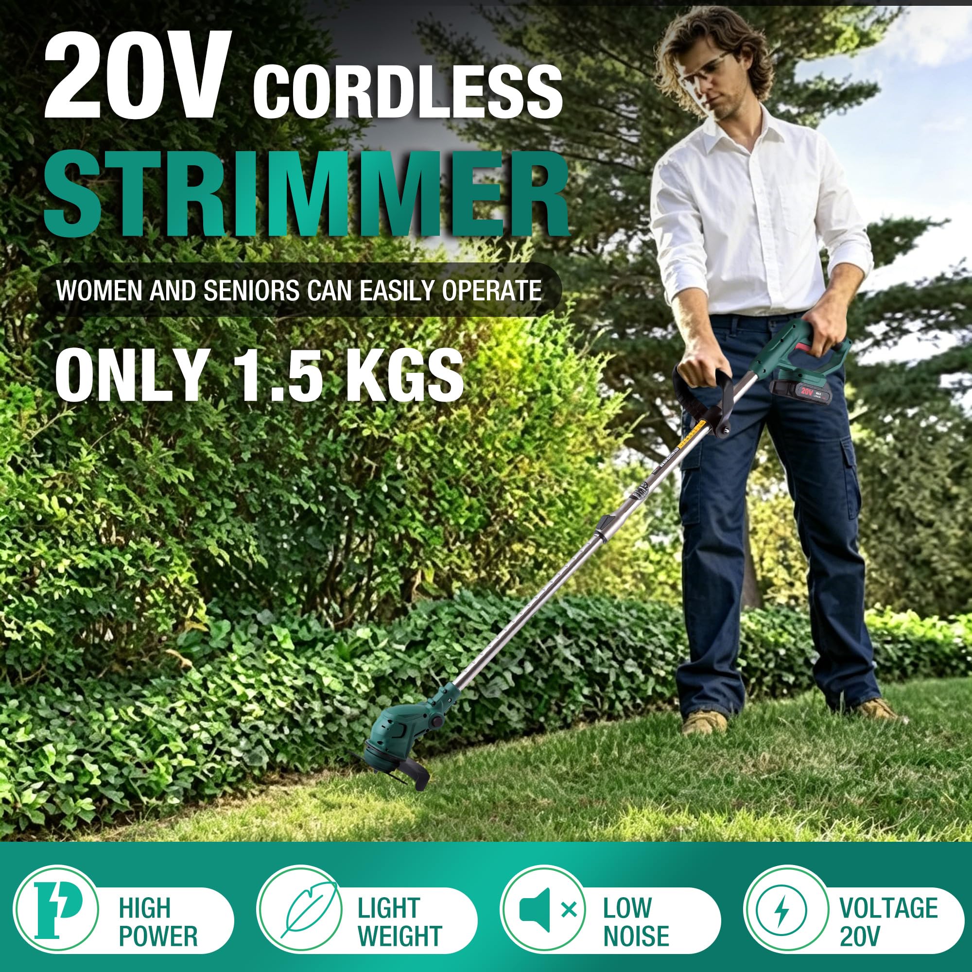 POSENPRO 3 w 1 akumulatorowa podkaszarka do trawy, podkaszarka 20 V z 6 metalowymi i 10 plastikowymi ostrzami, 2 akumulatory 1500 mAh, do przycinania krawędzi trawnika i usuwania chwastów