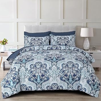 Drucon Paisley Comforter Set Queen Size, 7 Pieces Bed in a Bag Blue Boho Comforter, Soft Lightweight Microfiber Bedding Set 1 Comforter, 1 Flat Sheet, 1 Fitted Sheet, 2 Pillow Shams, 2 Pillowcases