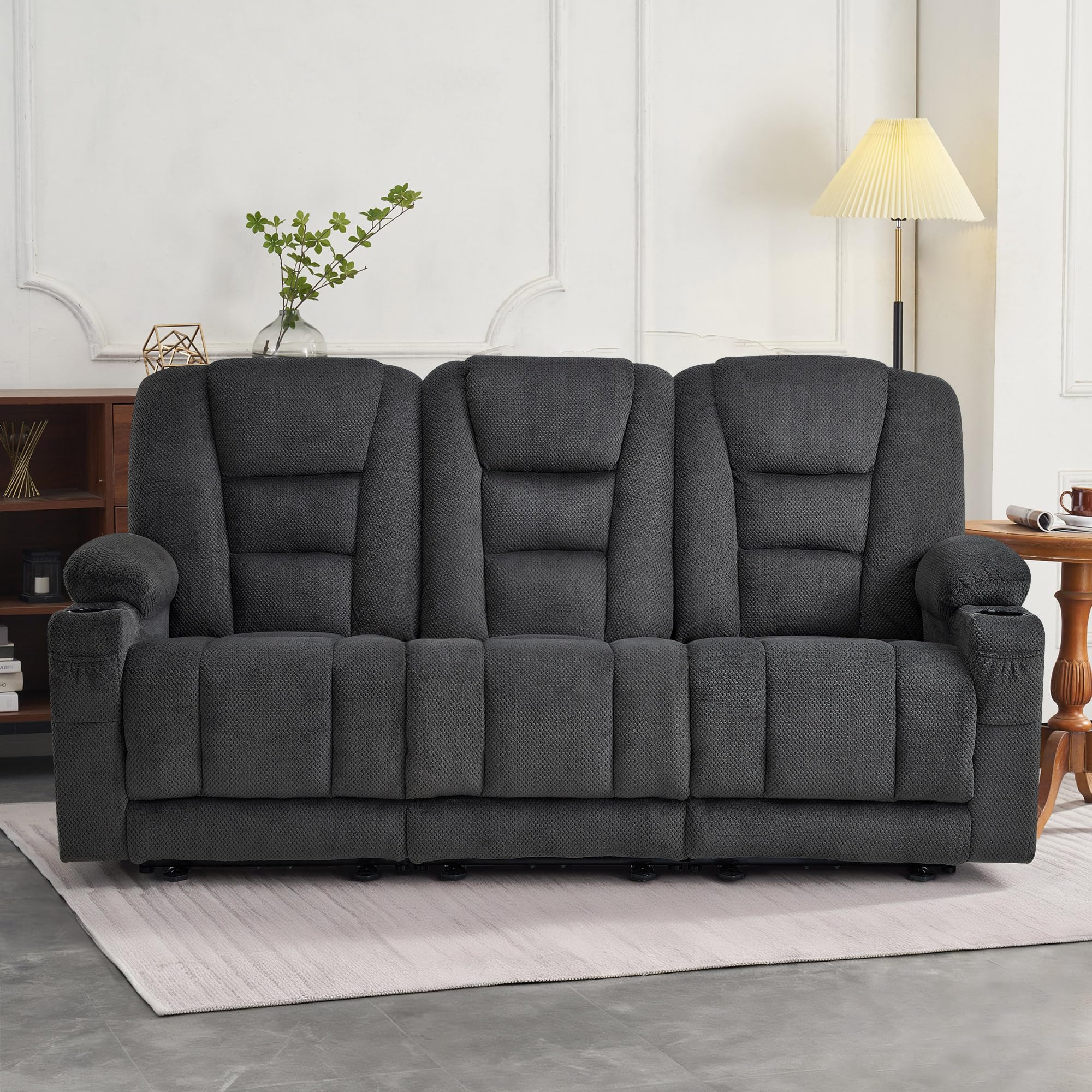 M MCombo Canapé électrique 3 Places avec Fonction Sommeil, canapé Relax 3 Places avec Bouton réglable à 150°, Chaise de cinéma avec Fonction inclinable, USB & Porte-gobelet, 7009 (Gris)