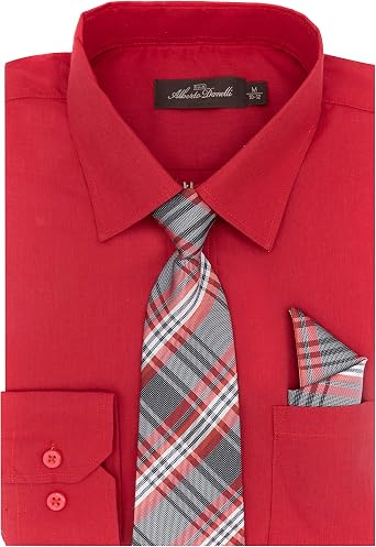 Alberto Danelli Boys Dress Shirt with Matching Tie and Handkerchief, Long Sleeve Button Down, Pocket