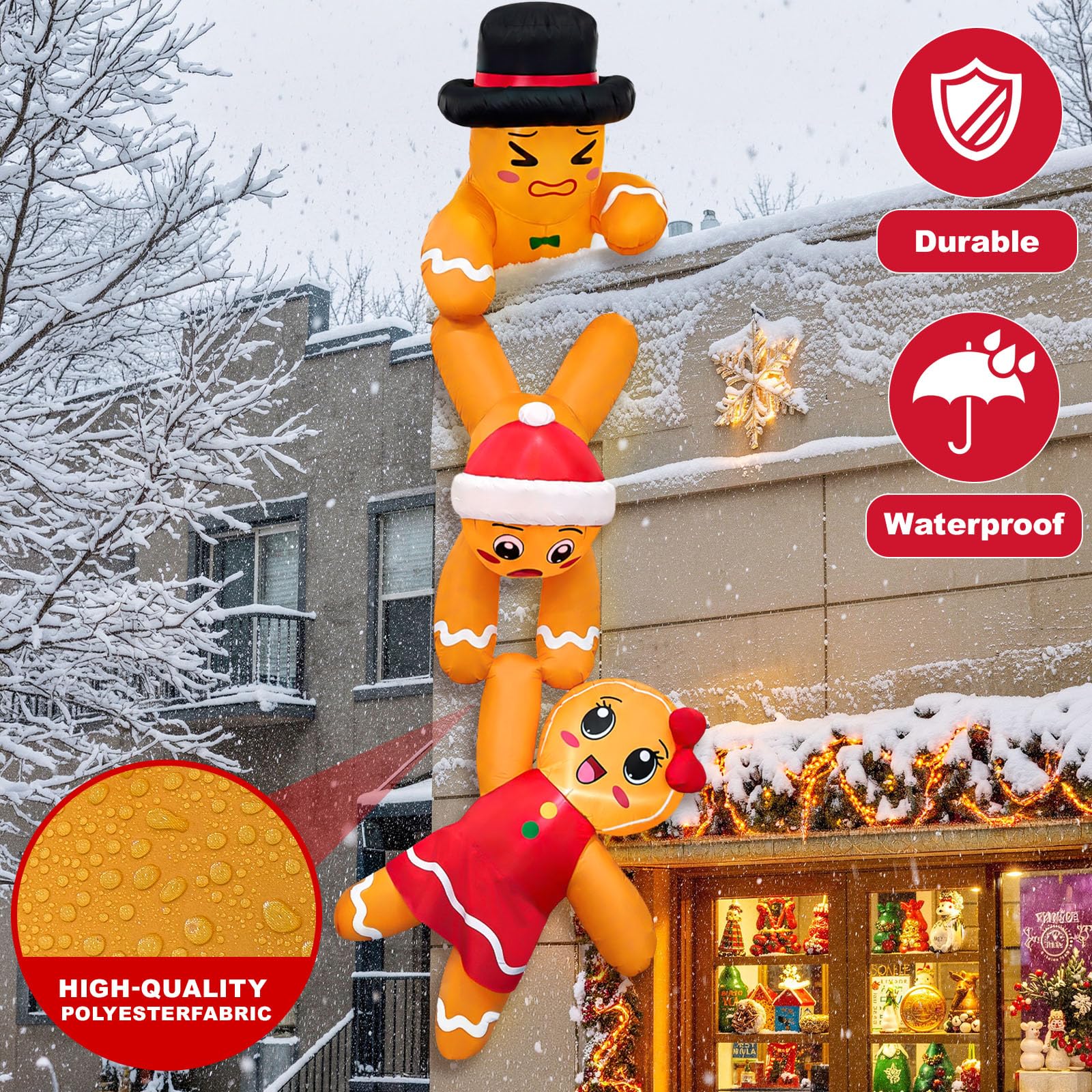 AerWo Décoration de Noël gonflable d'extérieur de 3,7 m, bonhomme en pain d'épices avec lumières LED pour Noël, maison, toit, arbre, avant-toit
