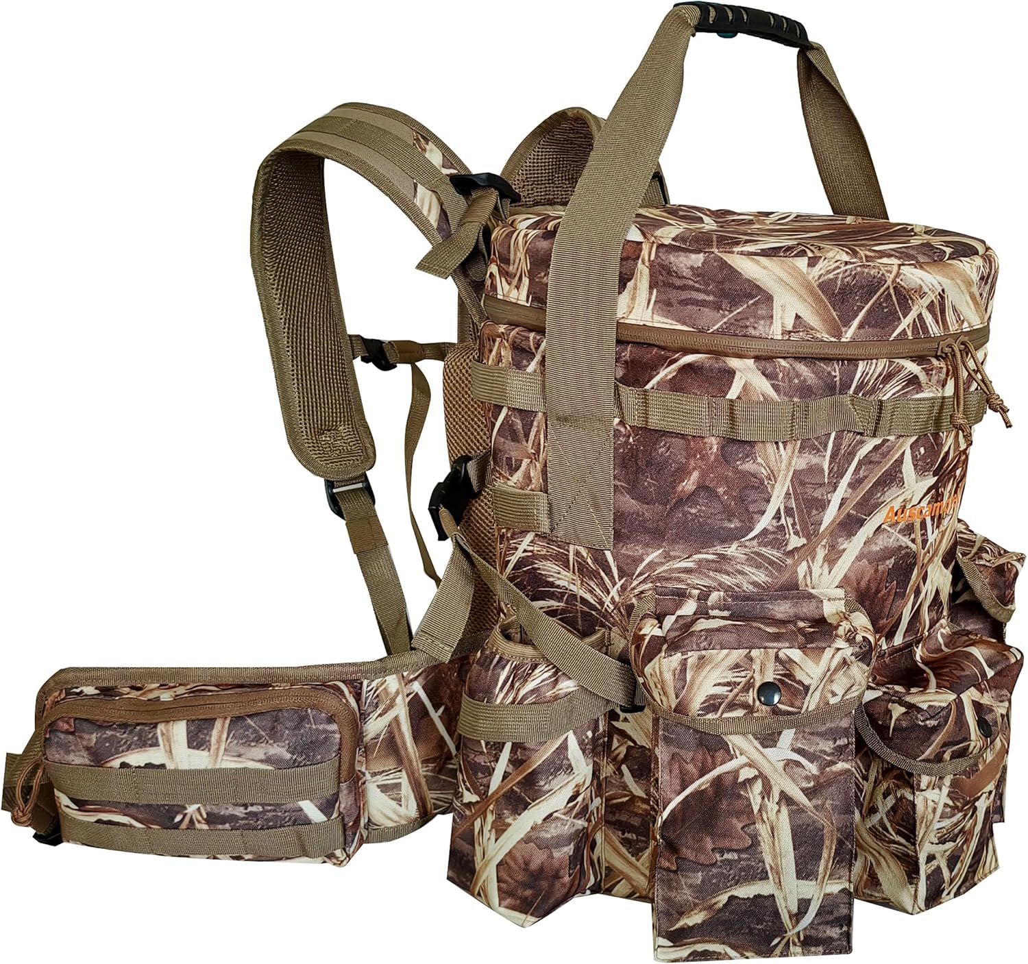 AUSCAMOTEK Insulated Bucket Backpack with 360° Swivel Lid – Camo Cooler Backpack with 5-Gallon Bucket for Hunting, Fishing, Camping, Outdoor Sports – Wetland Camo