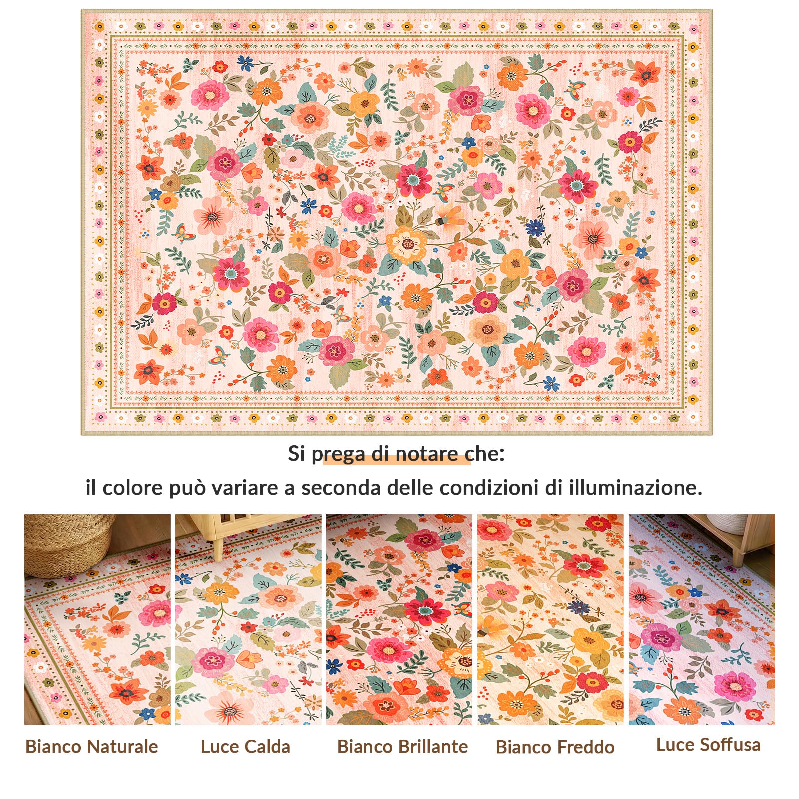 INOVADAY Tappeto Lavabile 90x150 cm Rosa/Beige Tappeto da Soggiorno | Camera da Letto, Cucina, Bagno, Sala da Pranzo, Pelo Corto, Antiscivolo, Stampa Floreale, Boho, Morbido, Facile da Pulire