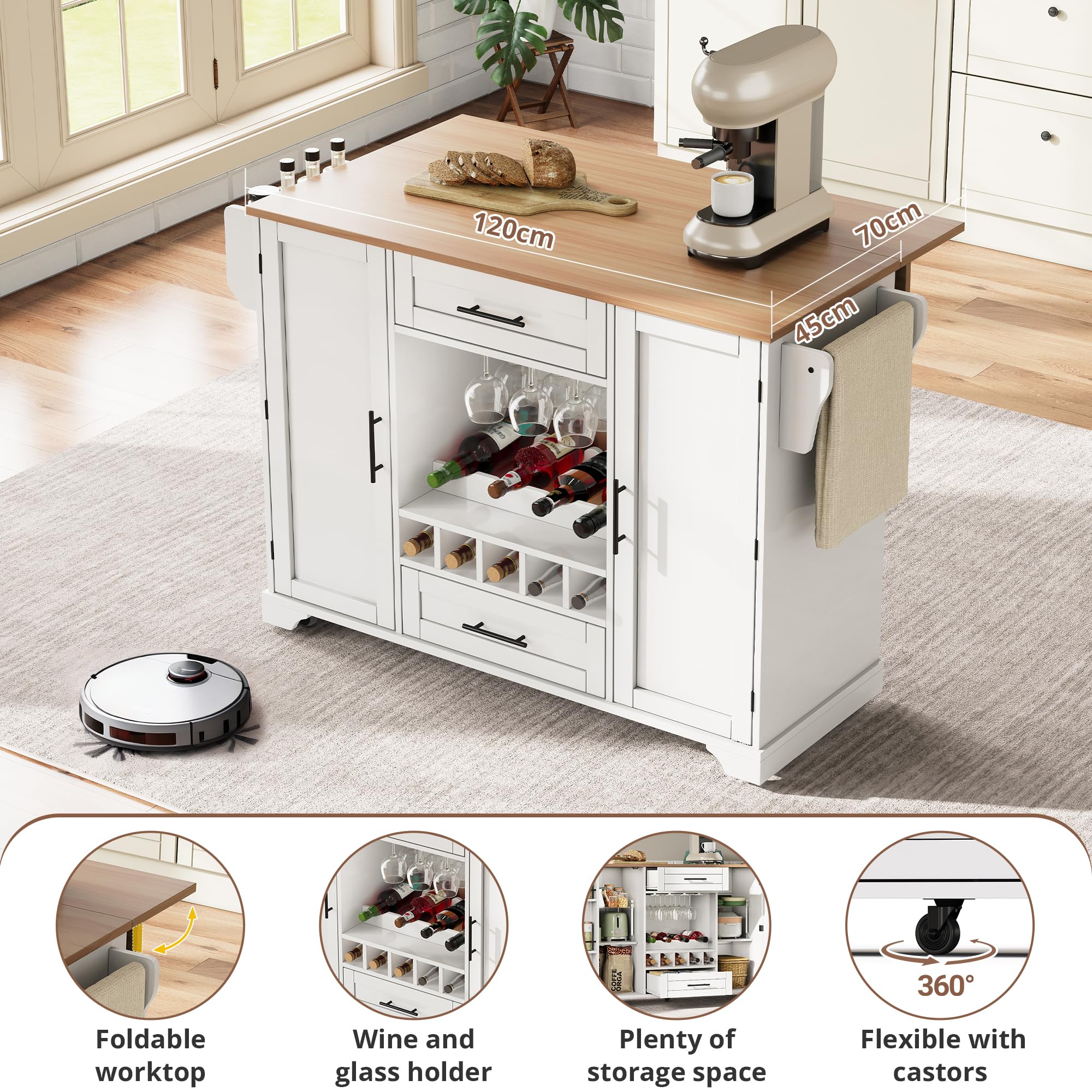 Isla De Cocina Móvil con Ruedas, Carro de Cocina con Mesa de Comedor Extensible, Mueble Auxiliar Cocina con Botellero, Soporte para Vasos, Estante para Especias y Toallero, 120x45x92cm (Blanco)