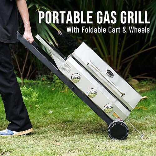 Miniatura 5 de Plancha portátil de gas propano de 3 quemadores con carrito plegable y mesa auxiliar, parrilla de gas plana con tapa, para cocinar al aire libre,