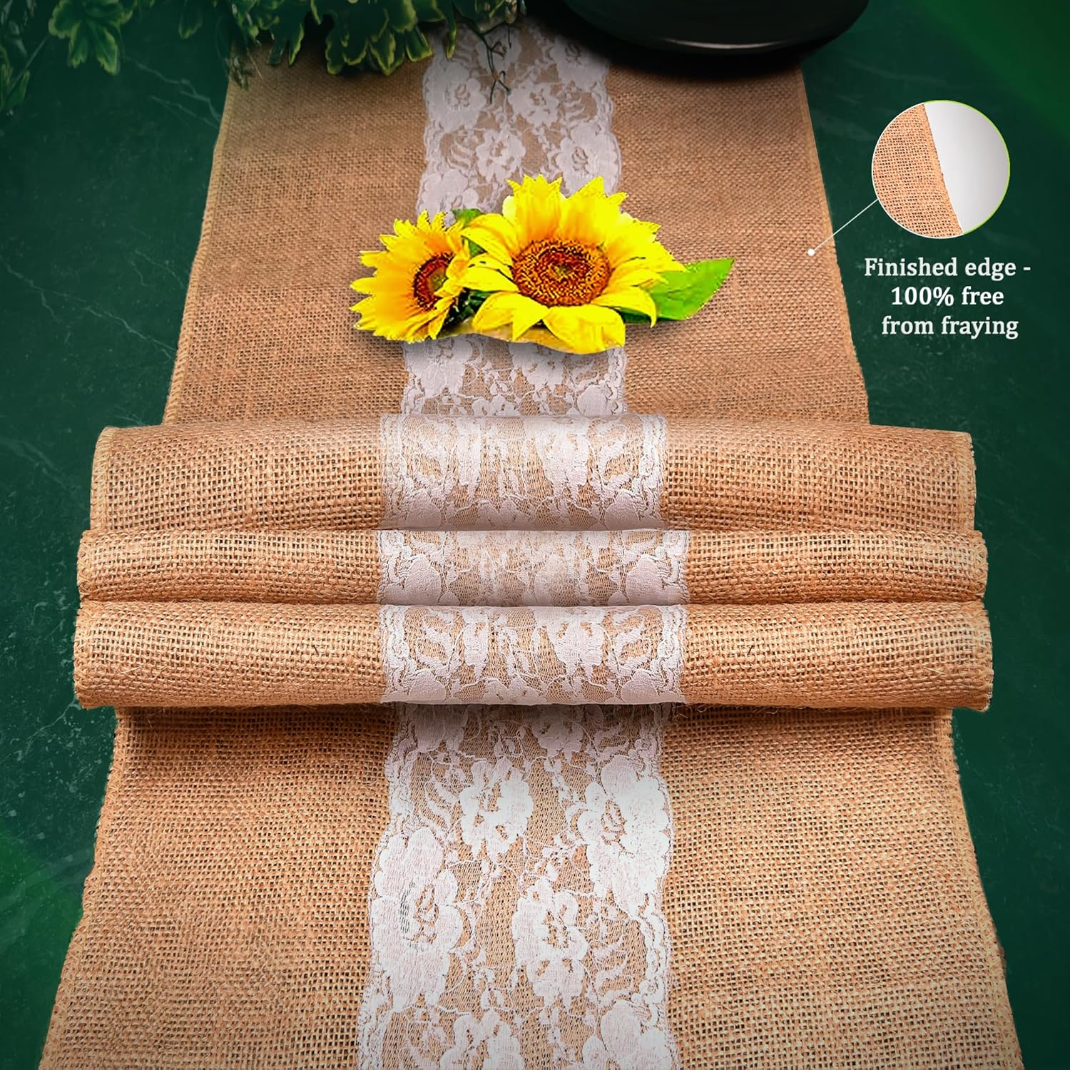 Burlap Lace Table Runner (Pack of 6) – 14”x 72” - No-Fray Finished Edge Natural Table Runner – No Odor, Eco-Friendly Burlap Runner - Perfect for Christmas, Wedding, Thanksgiving
