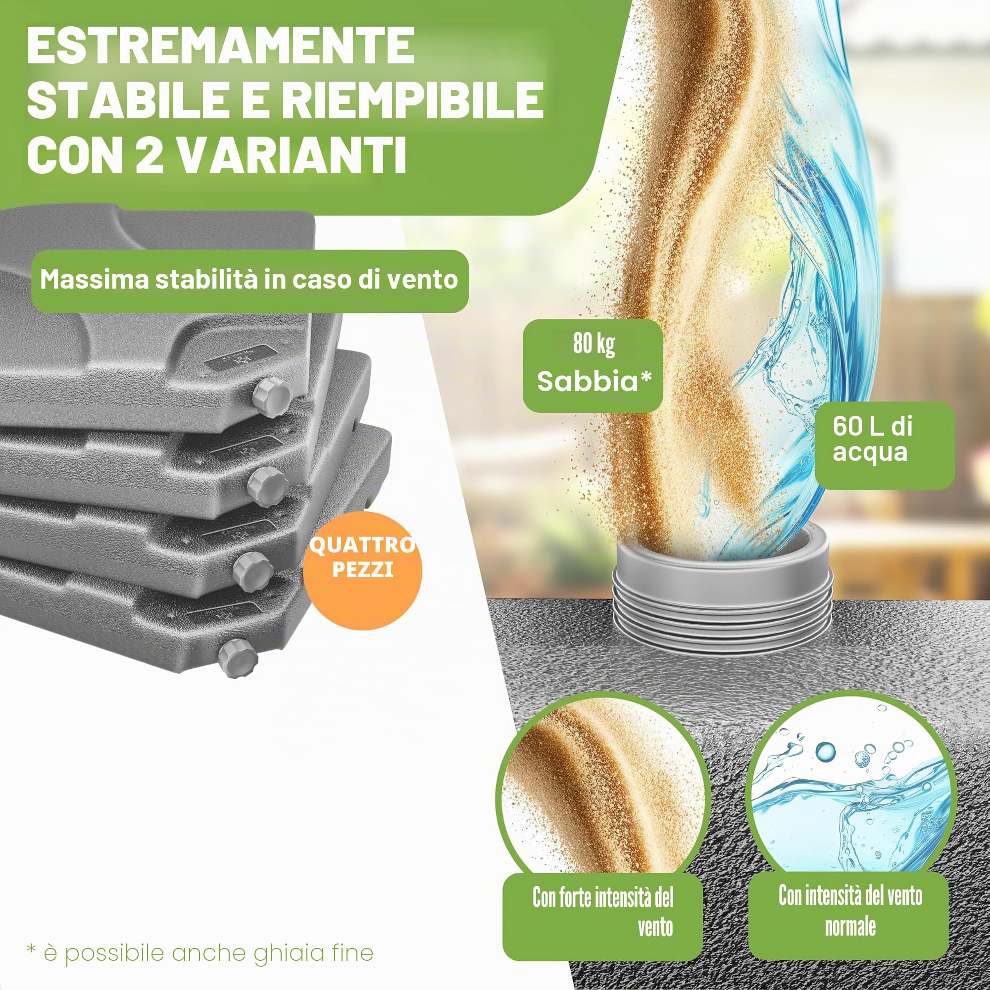 KESSER® Supporto per ombrellone Peso per ombrellone in 4 Parti Supporto per ombrellone per ombrellone a sbalzo Croce a Terra 60 Litri / 80 kg può Essere Riempito con Acqua o Sabbia