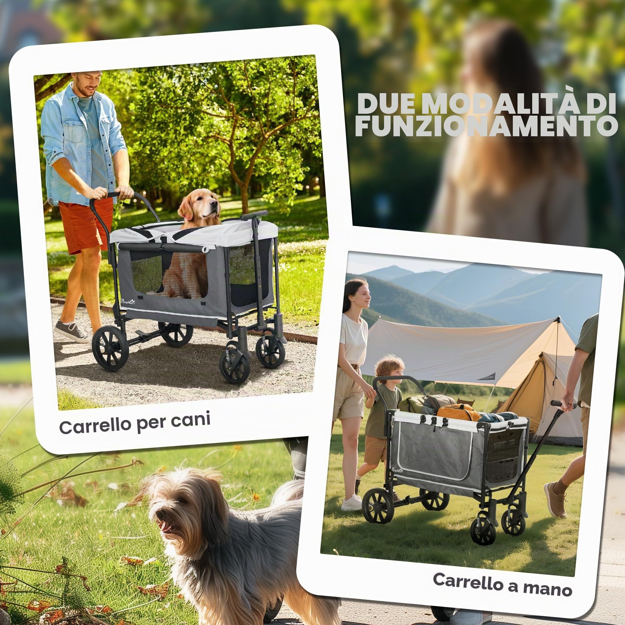 PawHut Passeggino pieghevole 2 in 1 per cani e gatti fino a 30 kg con cuscino finestra a rete, 2 porte, custodia per gatti, colore grigio scuro