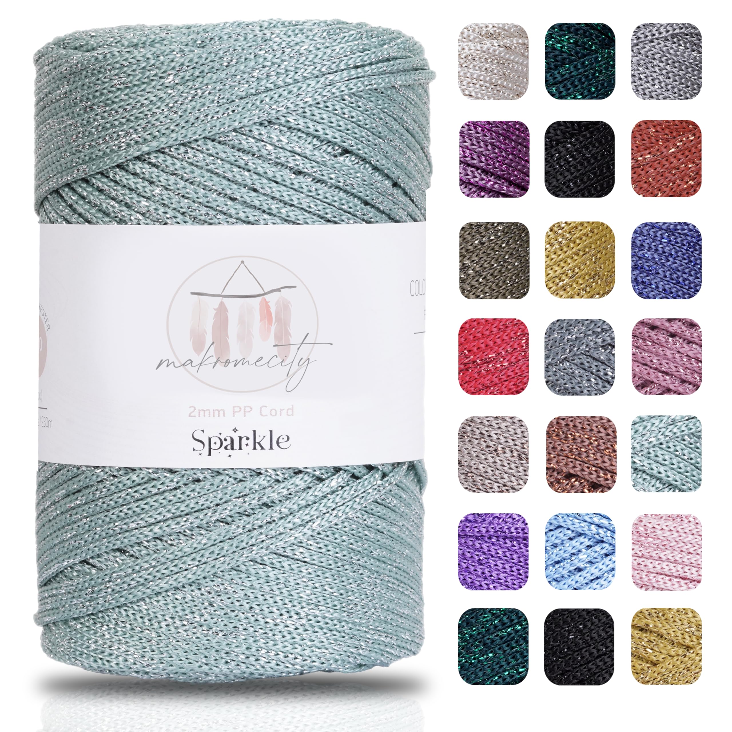 Makromecity Crepe Green Sparkle Sparkle Polyester Macrame Cord, 2Mm X 250 Yards (750 Feet), Bohemian Style,