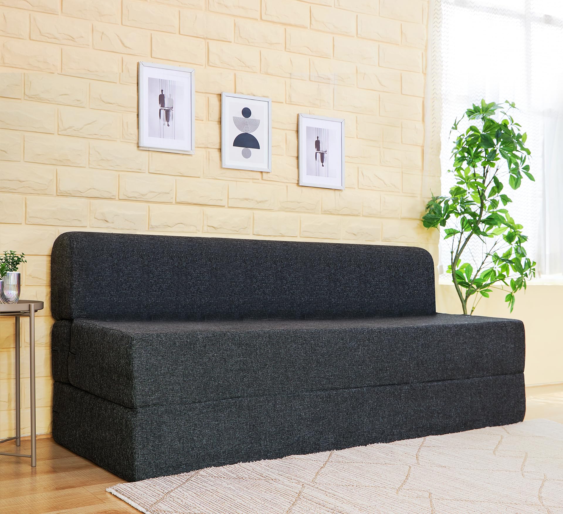uberlyfe 3 Seater Sofa Cum Bed | Jute Fabric Washable Cover | Dark Grey | 5' X 6' Feet