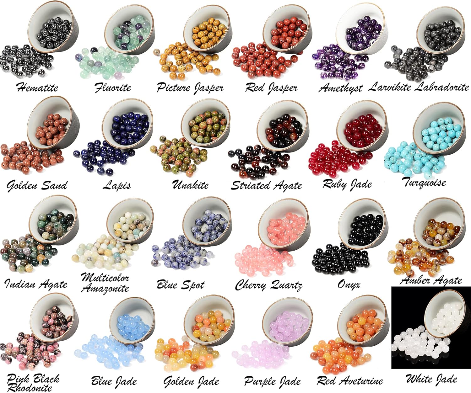 8mm Natural Mixed Materials Gemstones Beads Tiny Spacer Round Loose Beads Jewelry Making KIT with Thread 480 PCS(24 Natural, 8mm)