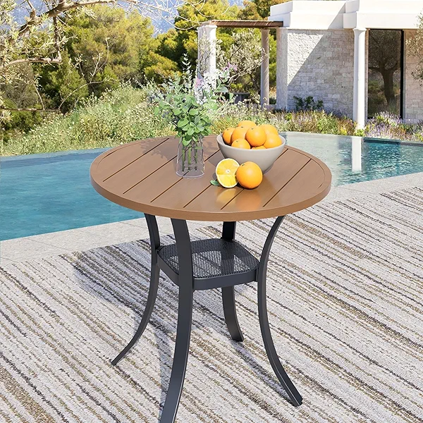 Seekverse 27.5'' Outdoor Patio Table with Storage Shelf, Heavy Duty 400lbs Capacity Round Metal Garden Table, All-Weather Walnut Tabletop for Deck, Balcony, Bistro, 2-4 Person