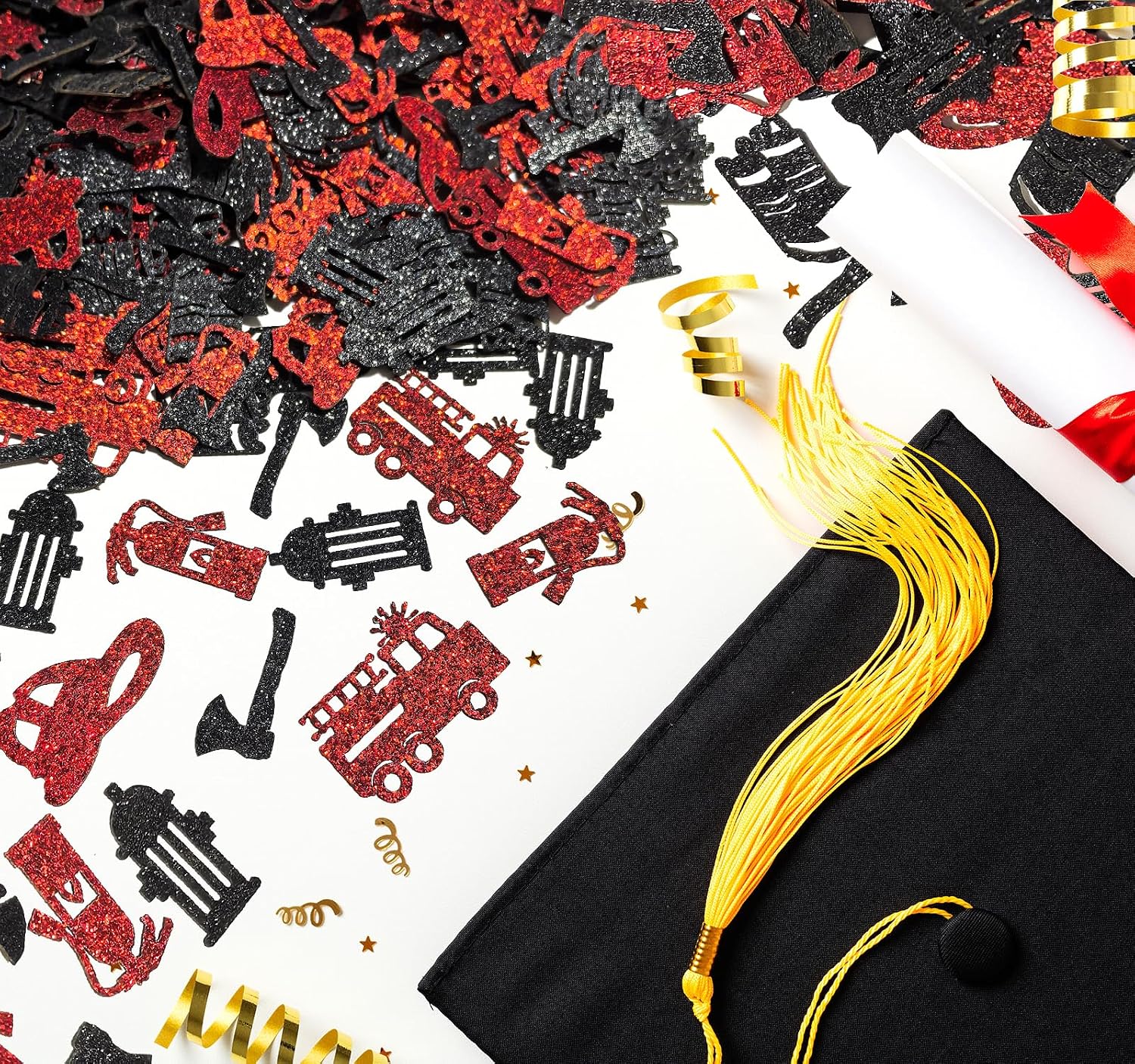 Congrats Firefighter Confetti, Class of 2026/Congrats Grad, Fire Department Graduation Party Decoration Supplies for Fireman, Black and Red Glitter
