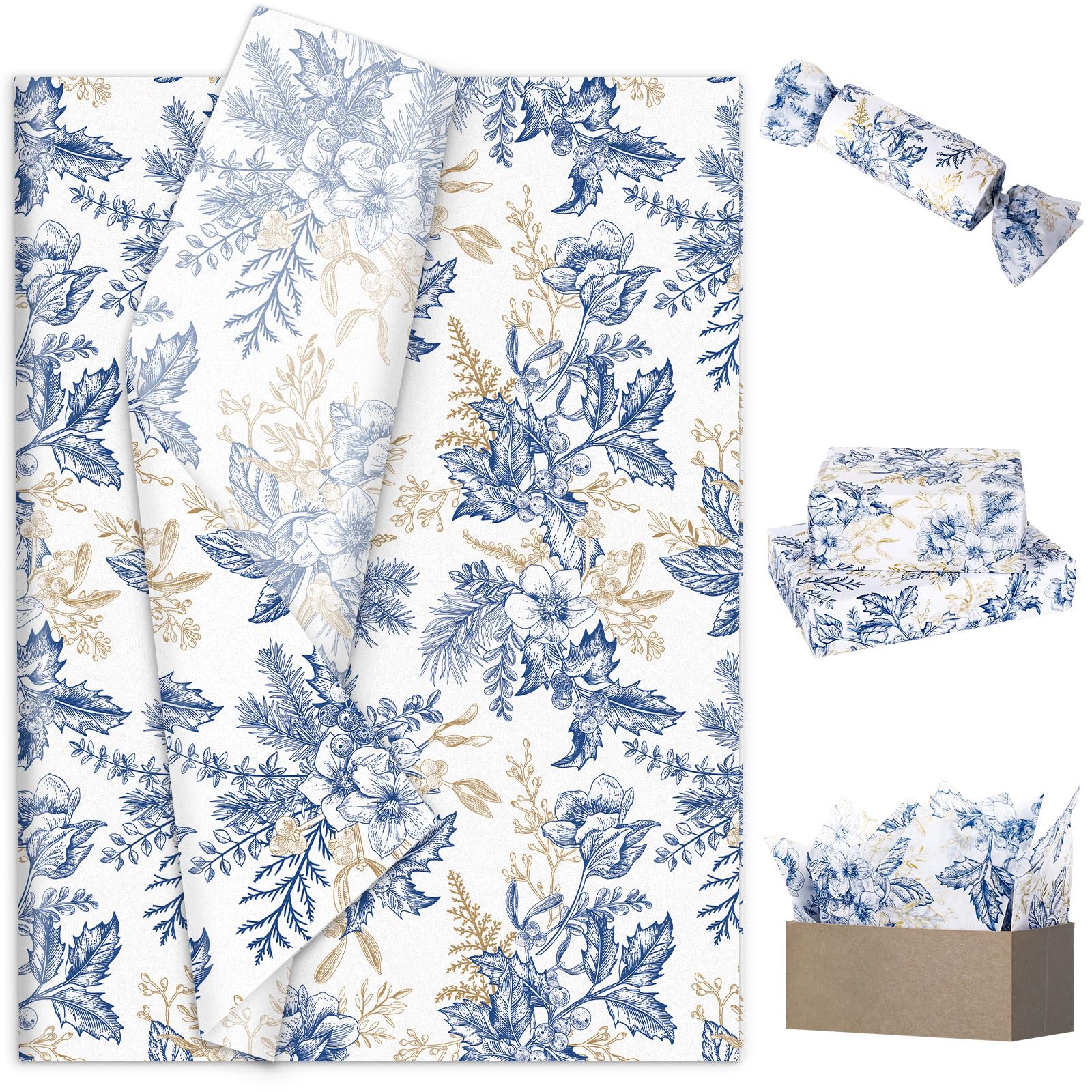 JarThenaAMCS 100 Sheet Floral Tissue Paper Blue Gold Flower Berry Wrapping Paper Vintage Art Tissue for Wedding Birthday Baby Bridal Shower DIY Crafts