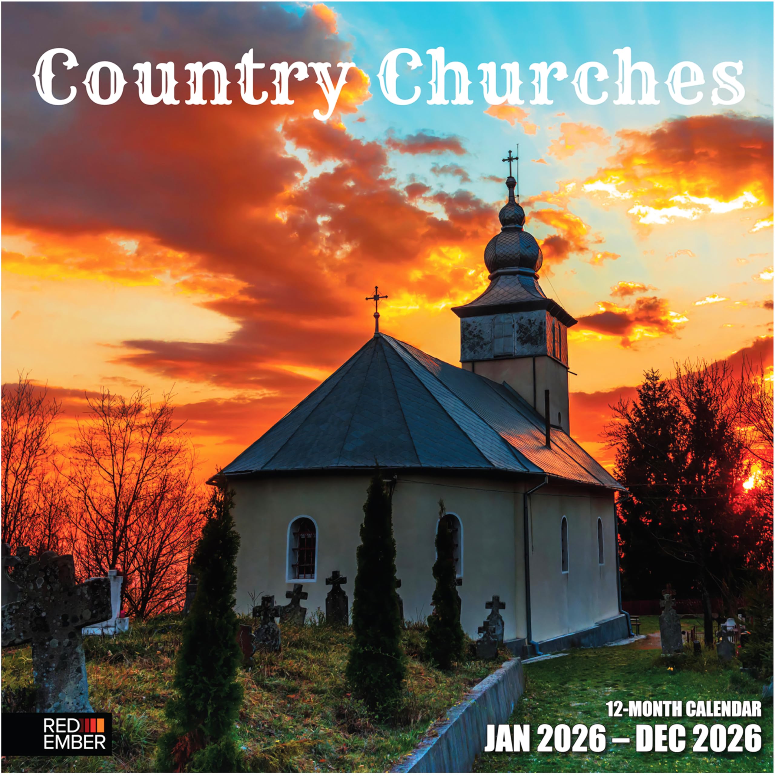 RED EMBER Country Churches 2026 Wall Calendar 12 Month | 12" x 24" Open | Thick &amp; Sturdy Paper | Holiday Gift | Travel Calendar 2026