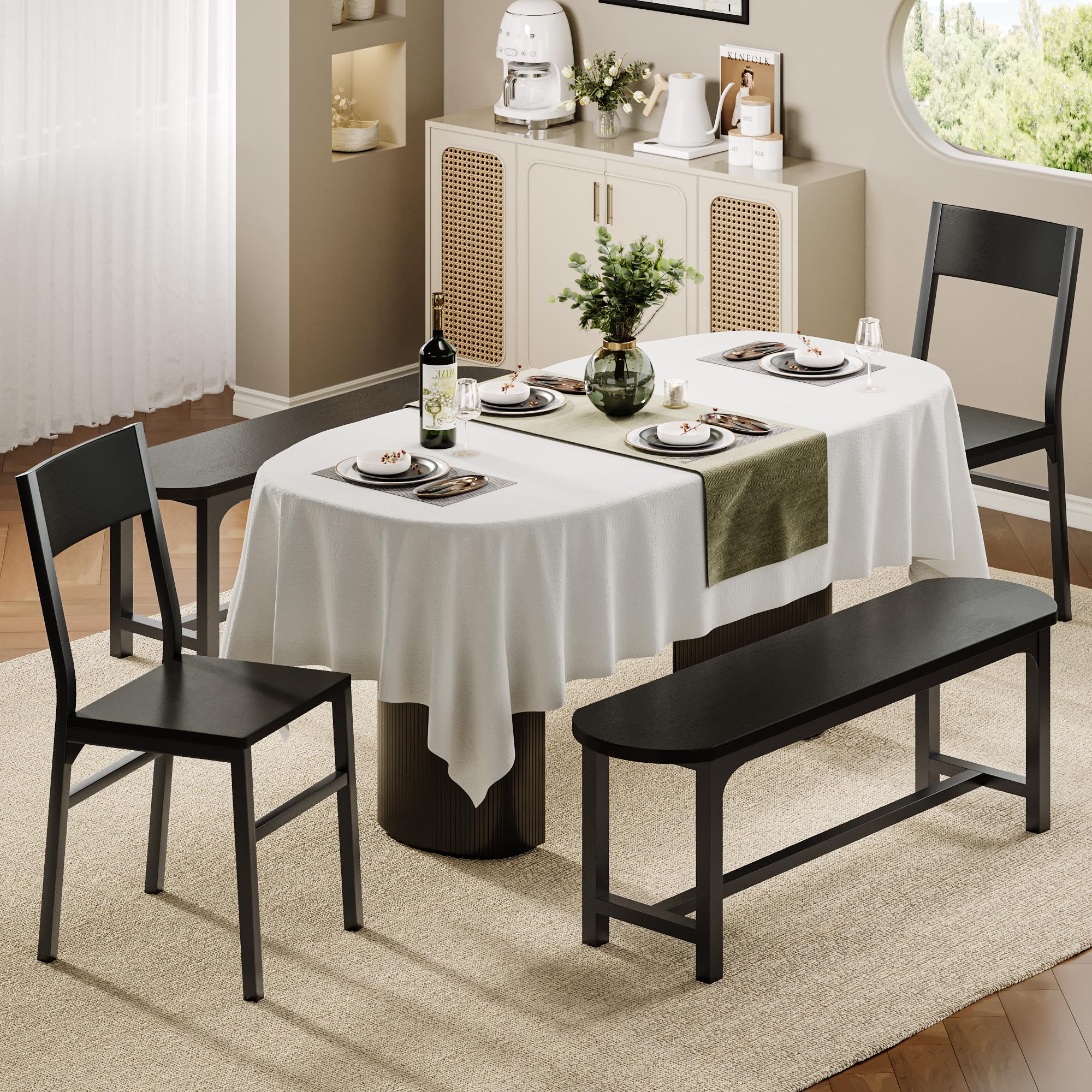 FEONASE Esszimmerstühle 4er Set, Küchenstühle aus 2 Ergonomischen Stühlen und 2 Bänken, MDF-Platte und Metallgestell, Esstisch Stühle für Zuhause, Wohnung oder Kleine Räume, Schwarz