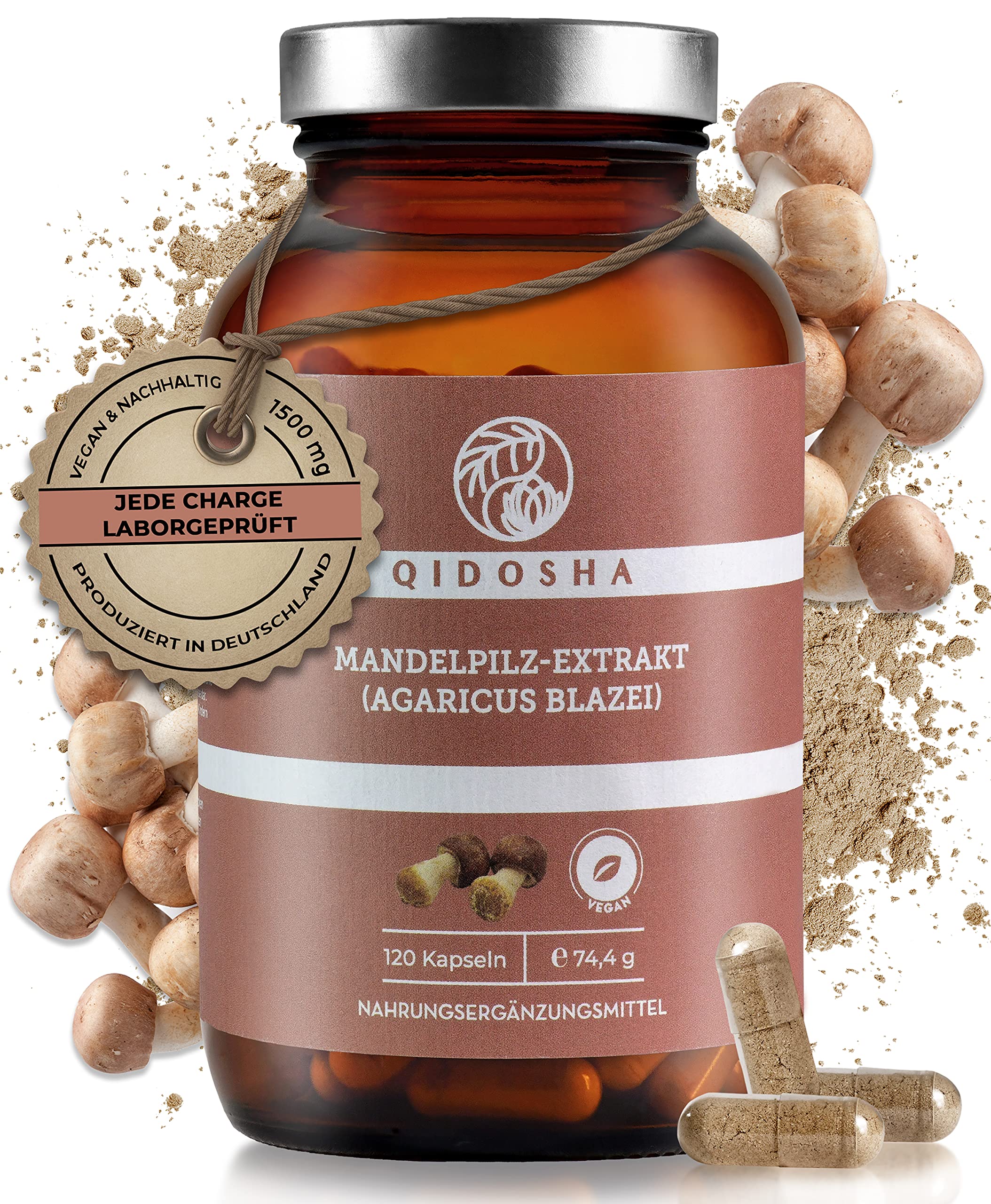 QIDOSHA® Agaricus 30:1 Extrakt Kapseln, 120 Stk, 1500 mg Mandelpilz Extrakt je Tagesportion, Agaricus Blazei Murill Kapseln hochdosiert, Mandelpilz Extrakt Kapseln, vegan, laborgeprueft