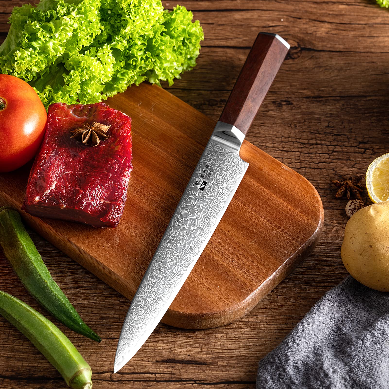 Slicing Knife 8 inch Damascus VG-10 Super Steel 67-Layer Damascus Slicing Carving Knife with Hexagon Natural Wood Handle for Beautiful Thin Slices of Pork, steak, brisket, and Poultry — Amazon image 6