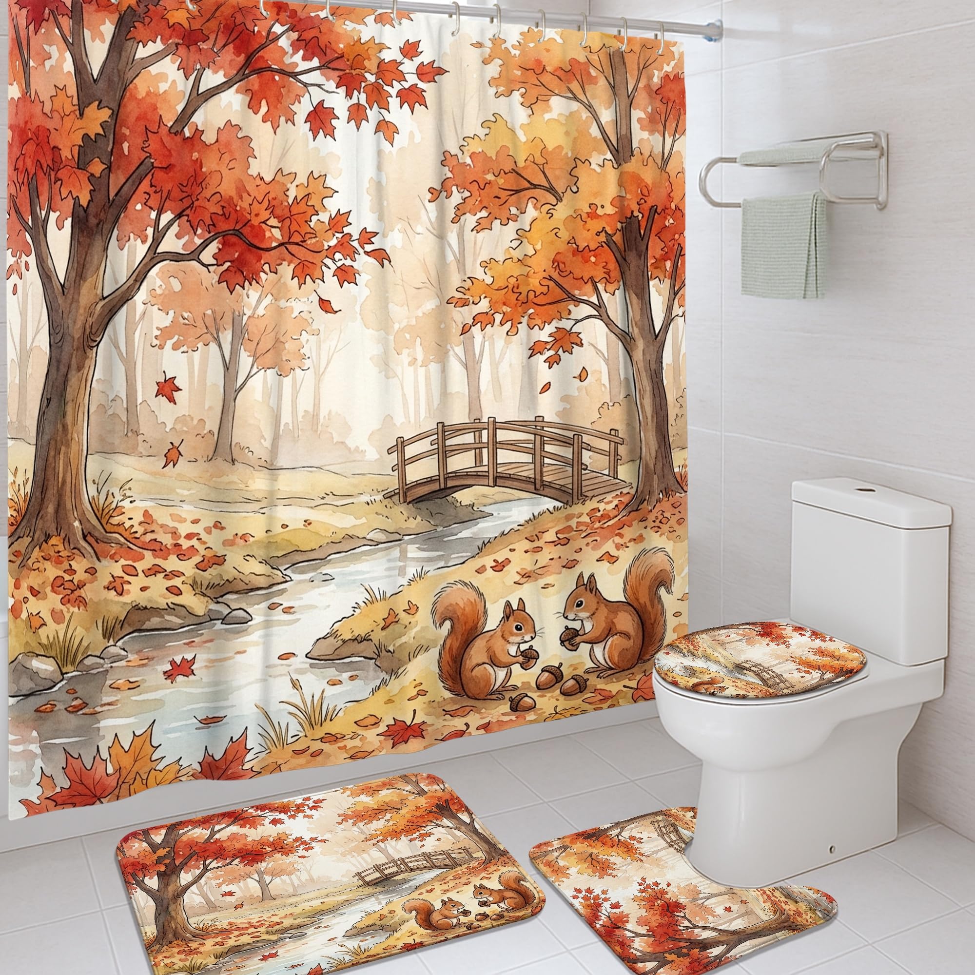 Rideau de douche écureuil en toile épaisse lavable et son tapis déco orange d'automne