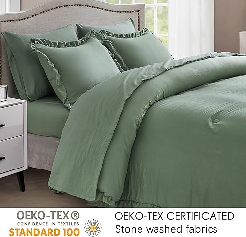 Miniatura 6 de Chezmoi Collection Eleanora - Juego de cama matrimonial en una bolsa, 7 piezas con borde con volantes, lavado a la piedra, edredón de microfibra de