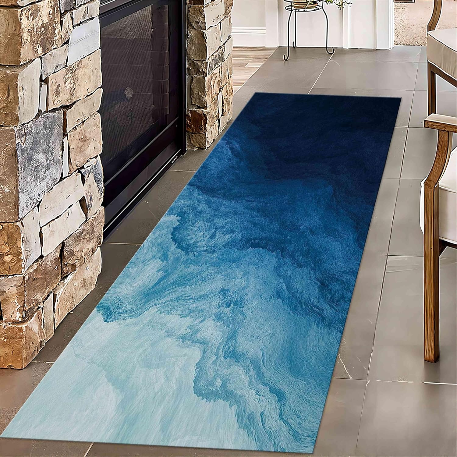 MUOUCTE Blue Gradient Marble Entrance Rug, 2x8ft, Abstract