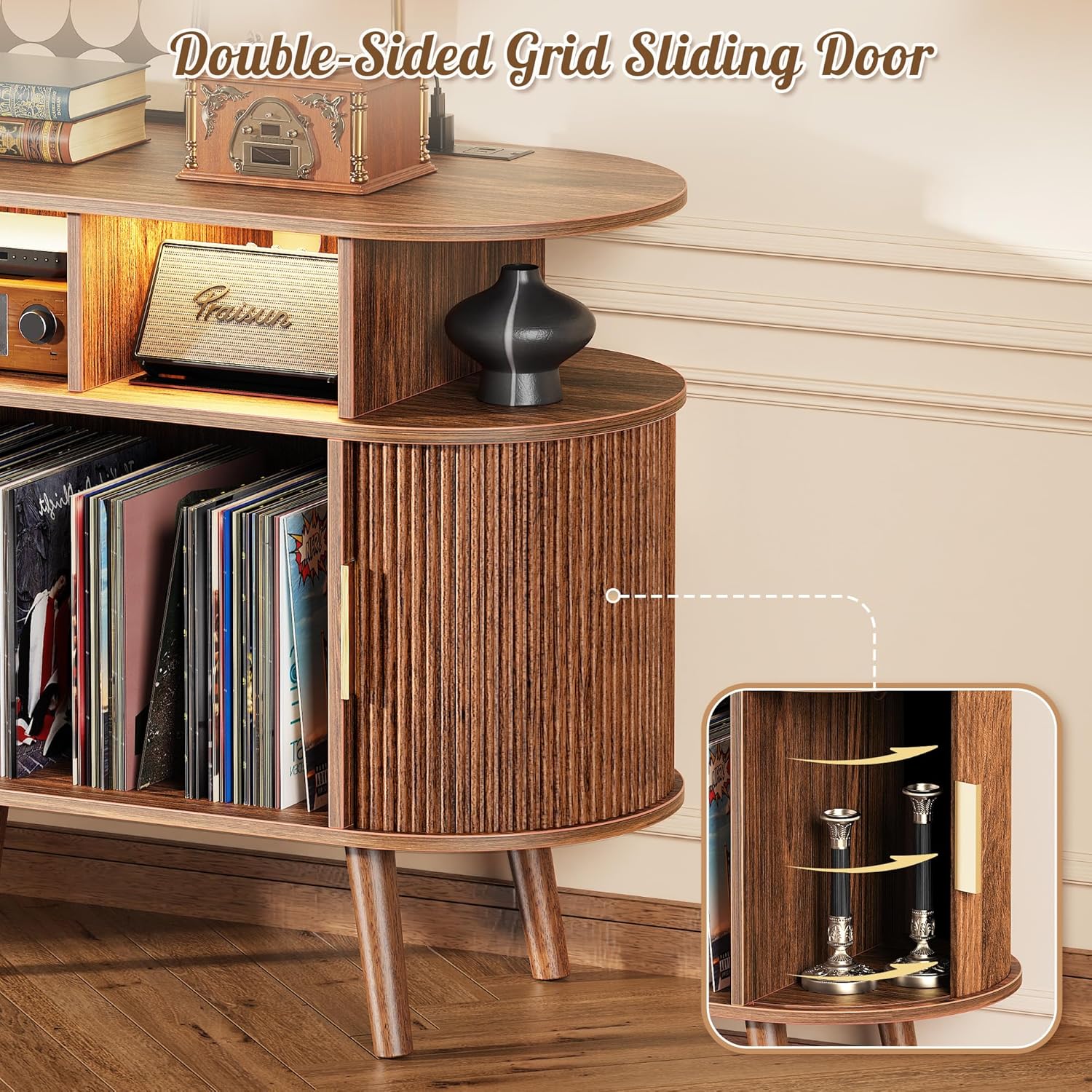 Close-up of the PRAISUN record player stand's double-sided grid sliding door, showing internal storage.