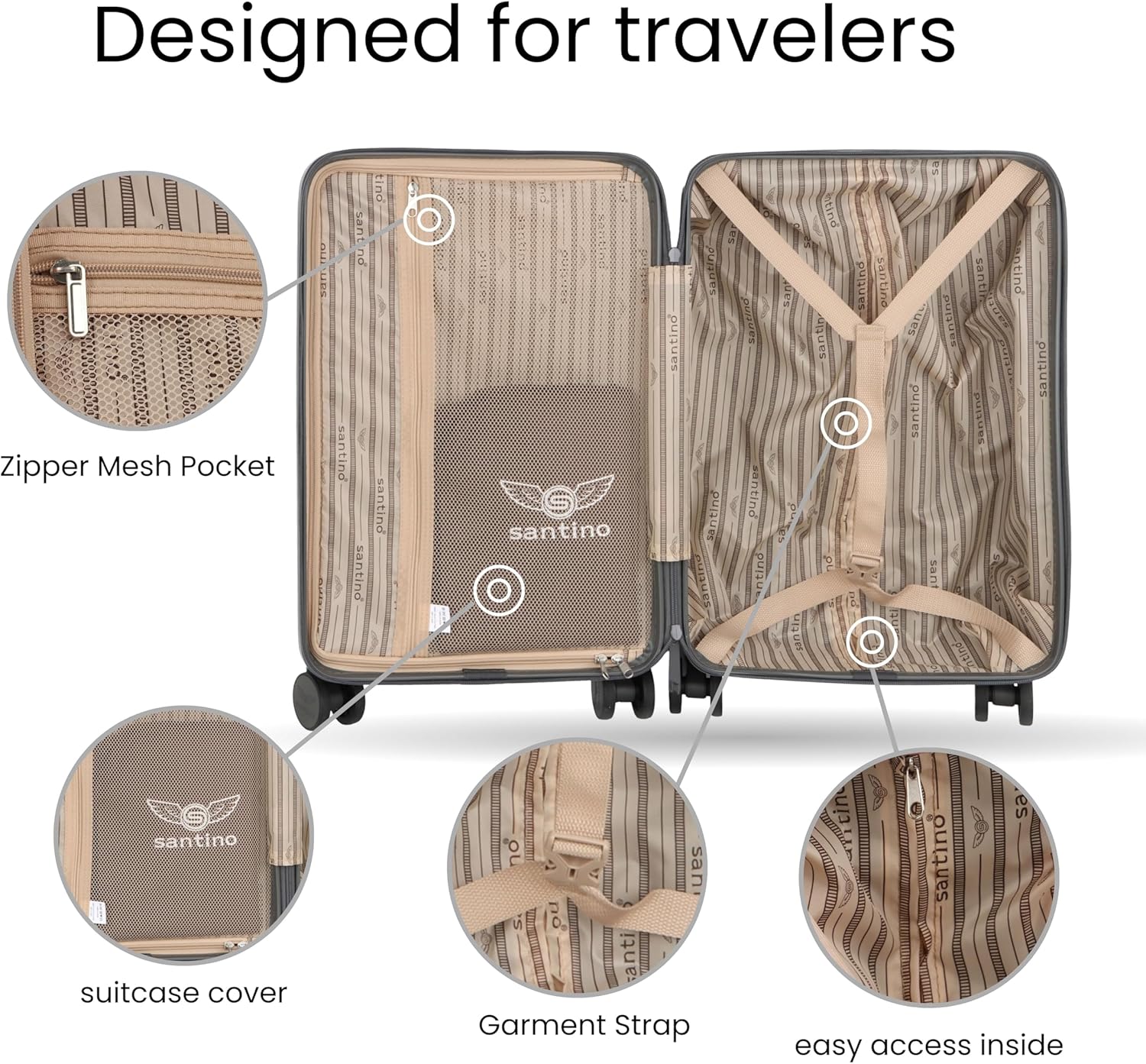 Carry On Luggage with Cup and Phone Holder, 20 Inch Hardside Suitcase with 8 Spinner Wheels, Airline Approved (22x14x9) with TSA Lock for Business & Travel (Black)