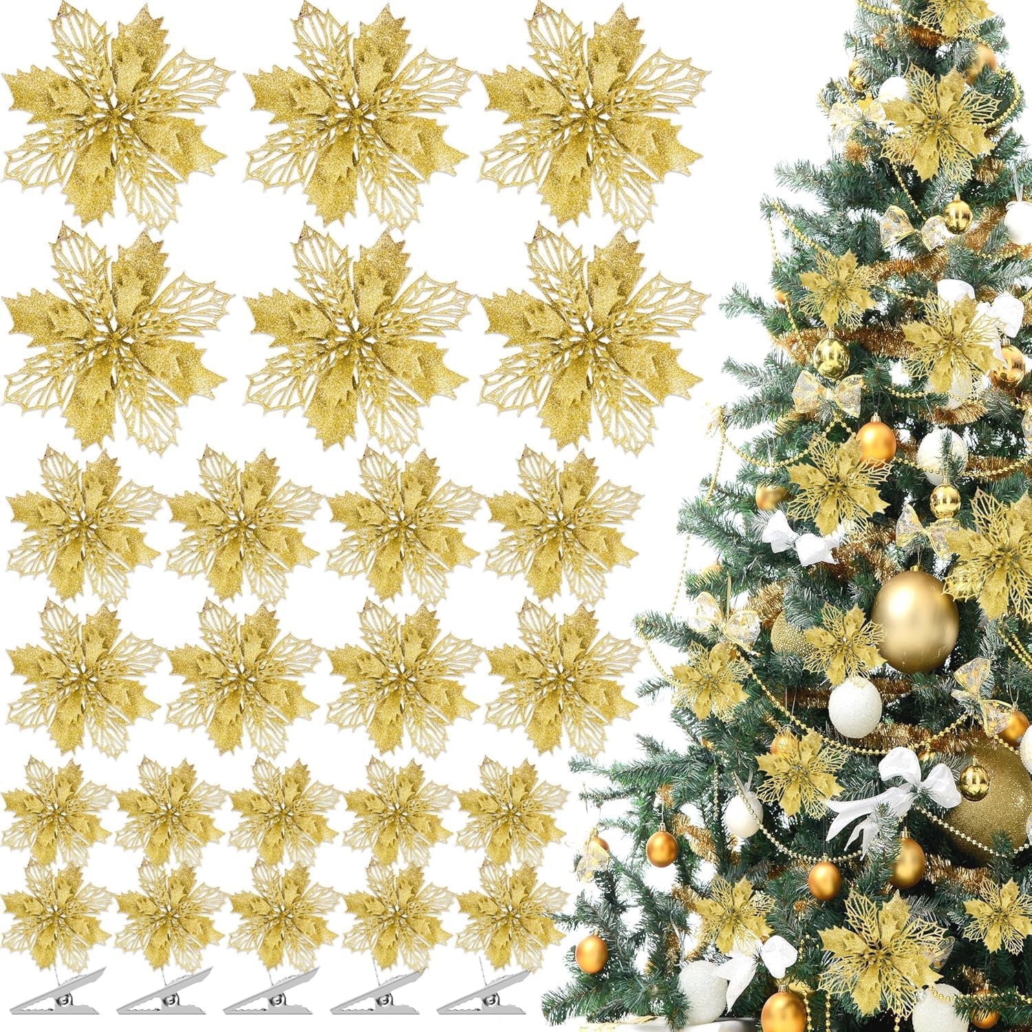 SLEEPHEAD®24PCS Christmas Tree Ornaments Decorations -Christmas Flowers Artificial Xmas Hanging Charms Ornaments Decorative，Merchandise Gift Ideas Holiday Decor Indoors Home House Decorations