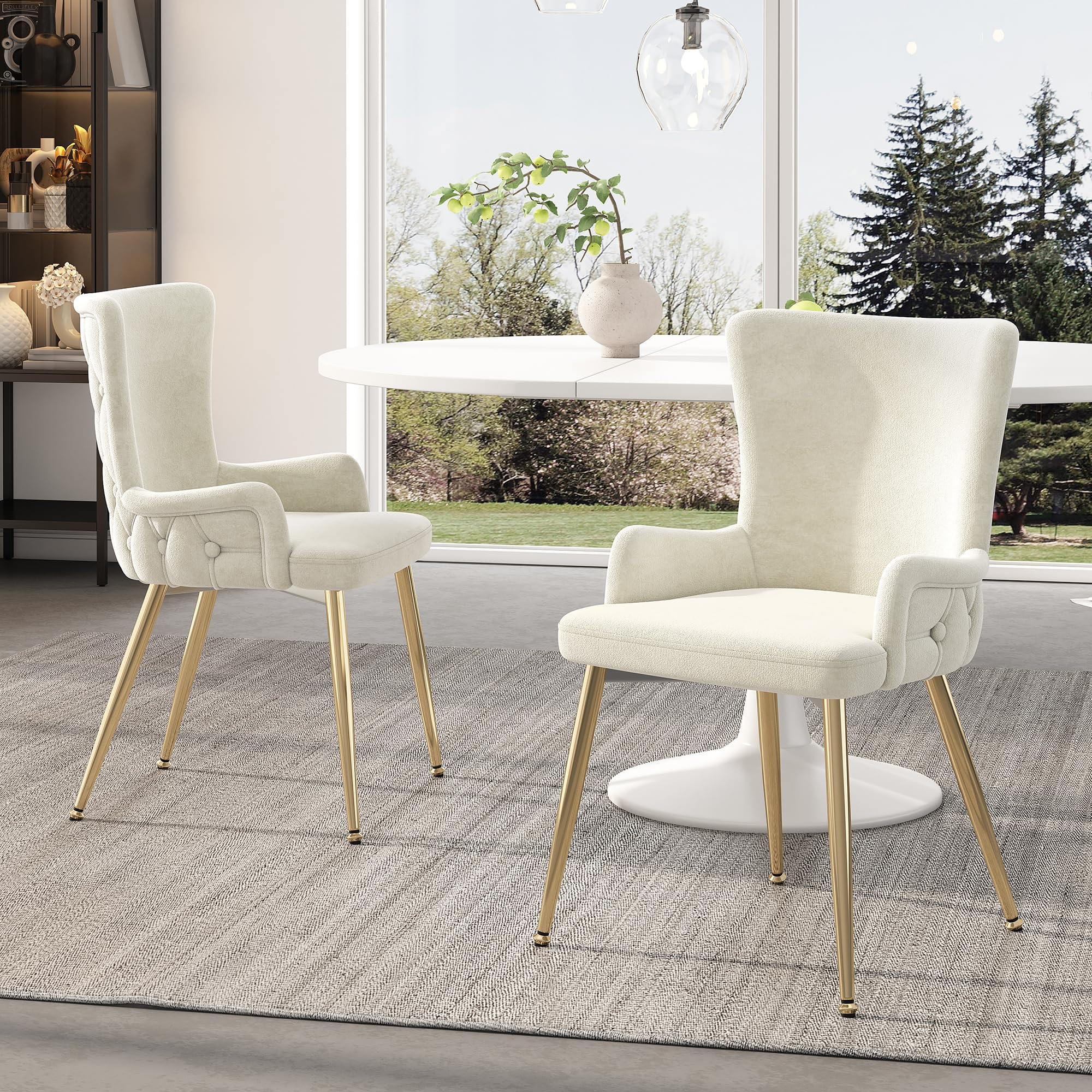 BTM Velvet dining chair, set of 2, luxurious living room/bedroom lounge chair with four gold-colored metal support legs, beige