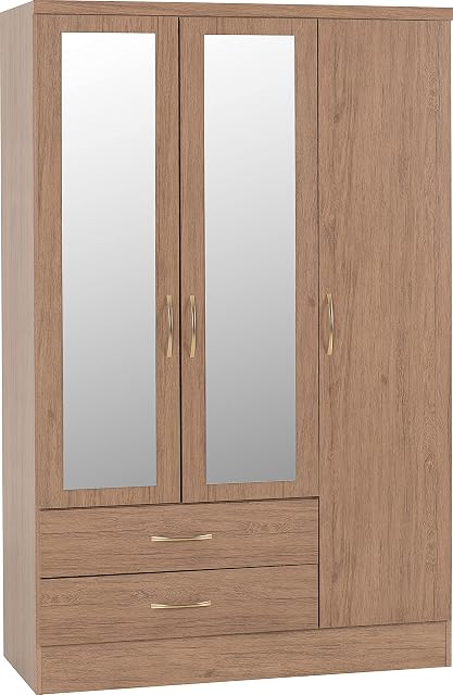 Seconique 3 Door 2 Drawer Mirrored Wardrobe, Engineered Wood, Rustic Oak Effect, W 116cm x D 52cm x H 182.5cm