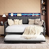 Vista 4 de Daybed with Trundle and LED Light, Heavy Duty Metal Full Bed Frame with Upholstered Storage Headboard & Charging Station, Day Bed Pop Up Trundle Bed