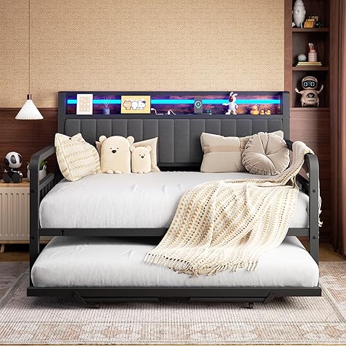 Miniatura 4 de Cama de día con nido y luz LED, marco de cama matrimonial de metal resistente con cabecera de almacenamiento tapizada y estación de carga, cama nido