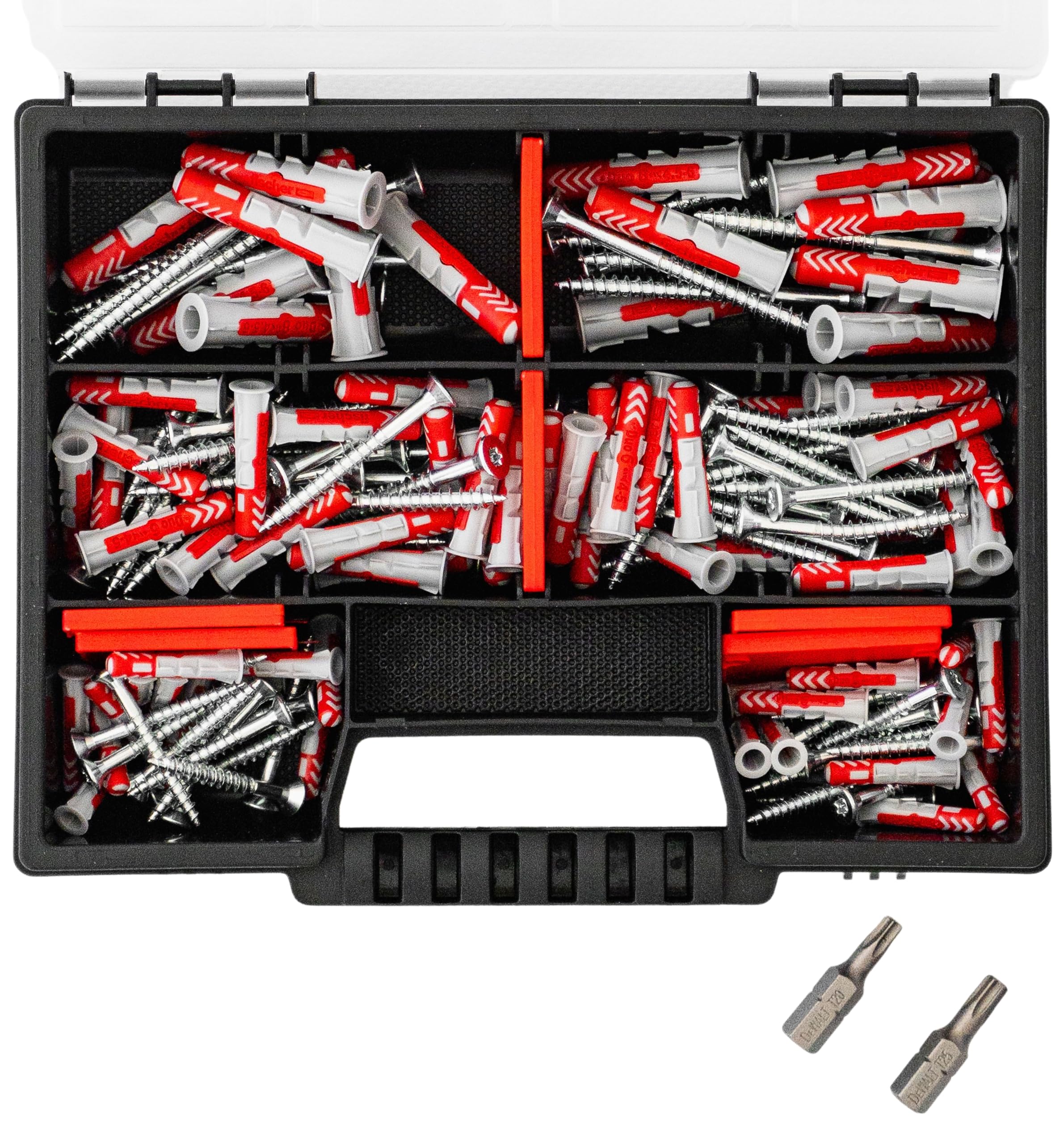 Fischer DuoPower Set de chevilles + vis avec embouts, assortiment de 162 pièces Chevilles de différentes tailles – 25 pièces 5 x 25 mm + 40 pièces 6 x 30 mm + 15 pièces 8 x 40 mm + vis chevilles