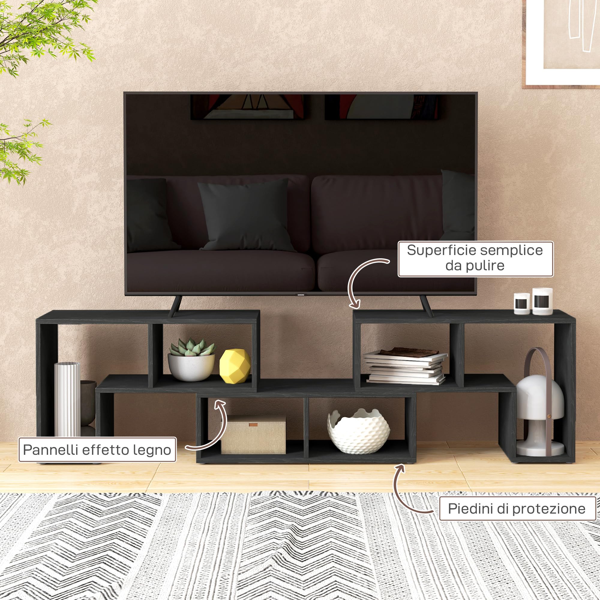 HOMCOM Mobile TV 75" max Modulabile con 2 Ripiani a L e Mensola Rettangolare, Mobile Porta TV Moderno in Truciolato per Soggiorno, 134-180x30.5x44 cm, Nero