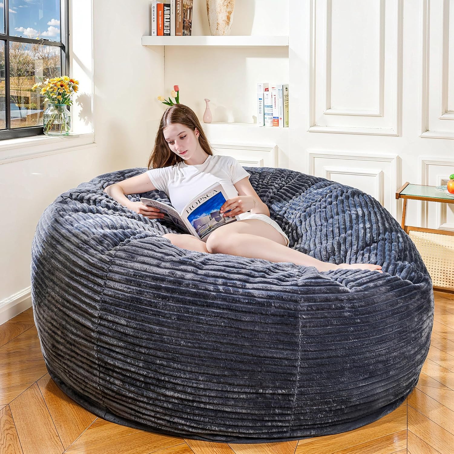 5FT Bean Bag Chair, Giant Bean Bag Chairs with Memory Foam Filled, Bean Bag Chairs for Adults with Corduroy Cover, Ultra Soft Lazy Sofa for Living Room Bedroom (Grey)