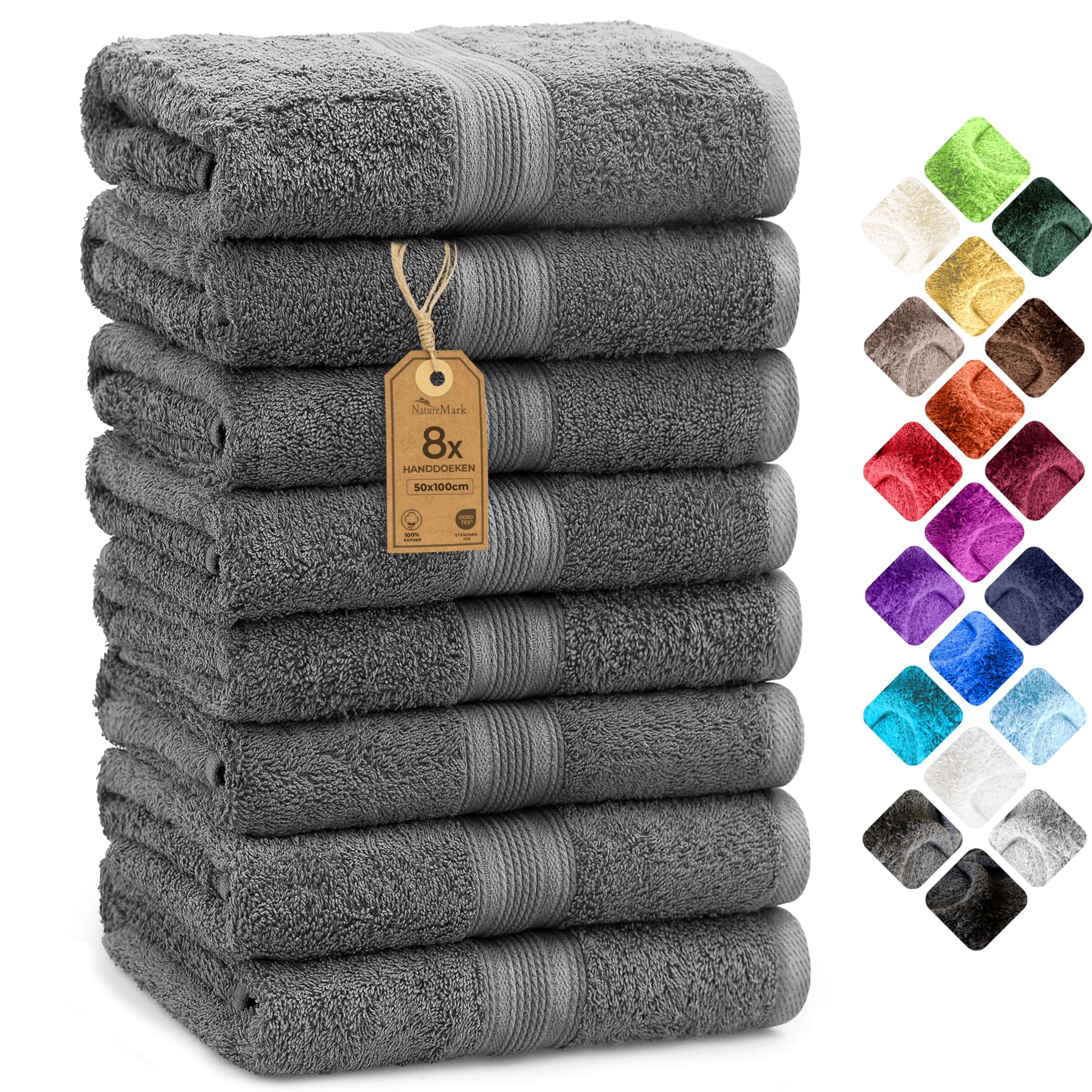 NatureMark 8er Pack Handtücher 50x100cm, 100% Baumwolle, Silber grau