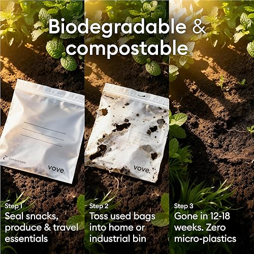 Miniatura 3 de Vove - bolsas para bocadillos compostables, pequeñas, 50 unidades  seguras para congelador, resistentes a fugas, no tóxicas, escribibles y