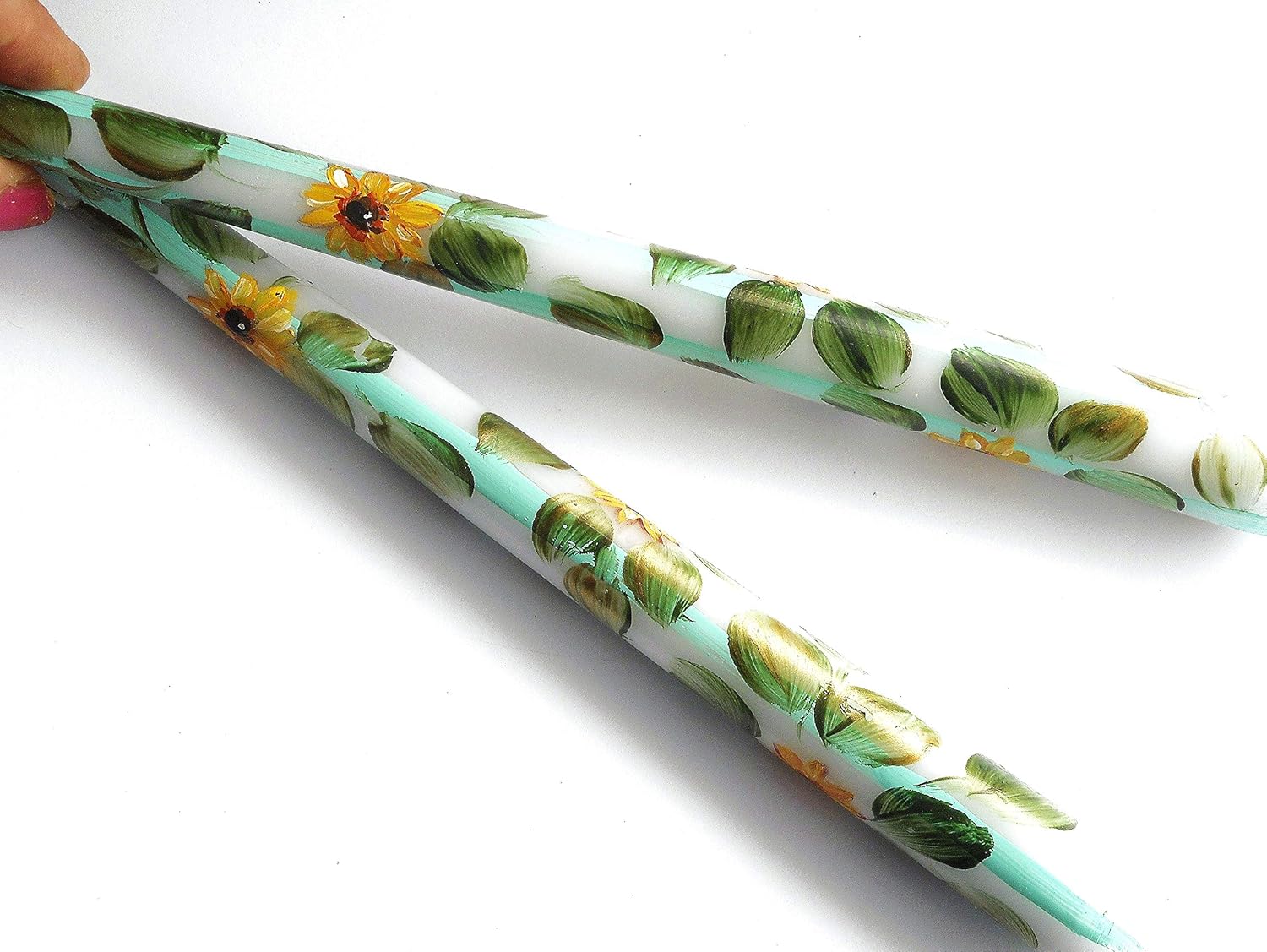 Pretty Decorated Artist Hand Painted Turquoise Blue Striped Yellow Sunflower Flower Taper Candles Set of Two Artisan Handmade Boho Decor Bohemian Decorations