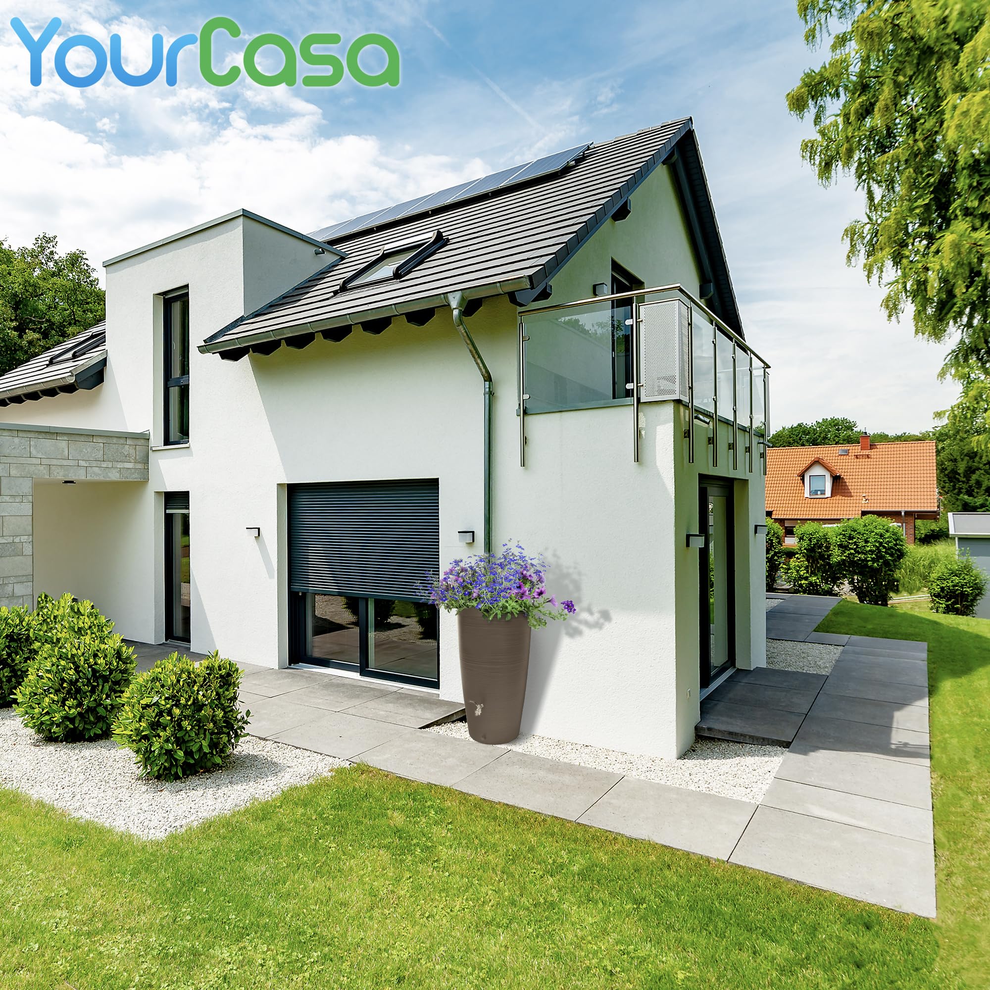 YourCasa Regentonne 240 Liter [Aquasplash] Messing Wasserhahn & Deckel - Regenfass Frostsicher aus Kunststoff - Regenwassertonne - Regenwassertank Garten Wassertank Regensammler Wasserfass (Mocha)