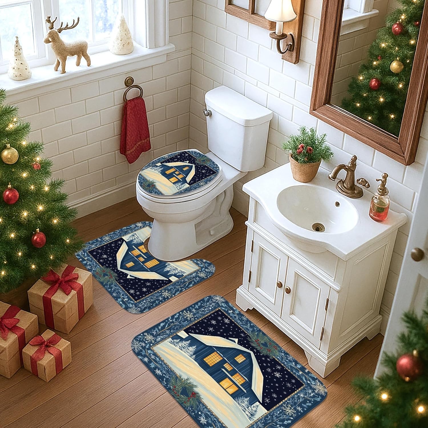 4PCS Winter Farmhouse Christmas Bathroom Sets with Non-Slip Rug, U Shape Toilet Lid Cover Mat, Country Barn Xmas Scenic Bathroom Decoration 72''x72''