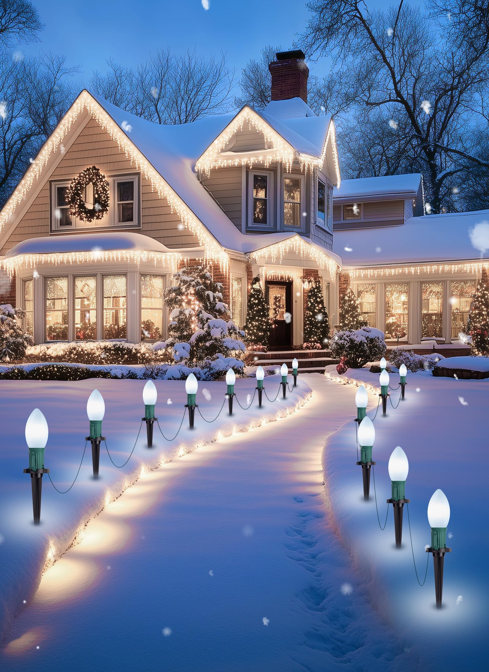 Brightown Christmas Pathway Lights Outdoor,Driveway Lights with 40 Multicolor Bulbs and Stakes,Connectable Outdoor Christmas Decorations Yard Walkway Sidewalk,Warm White,38 FT with Remote