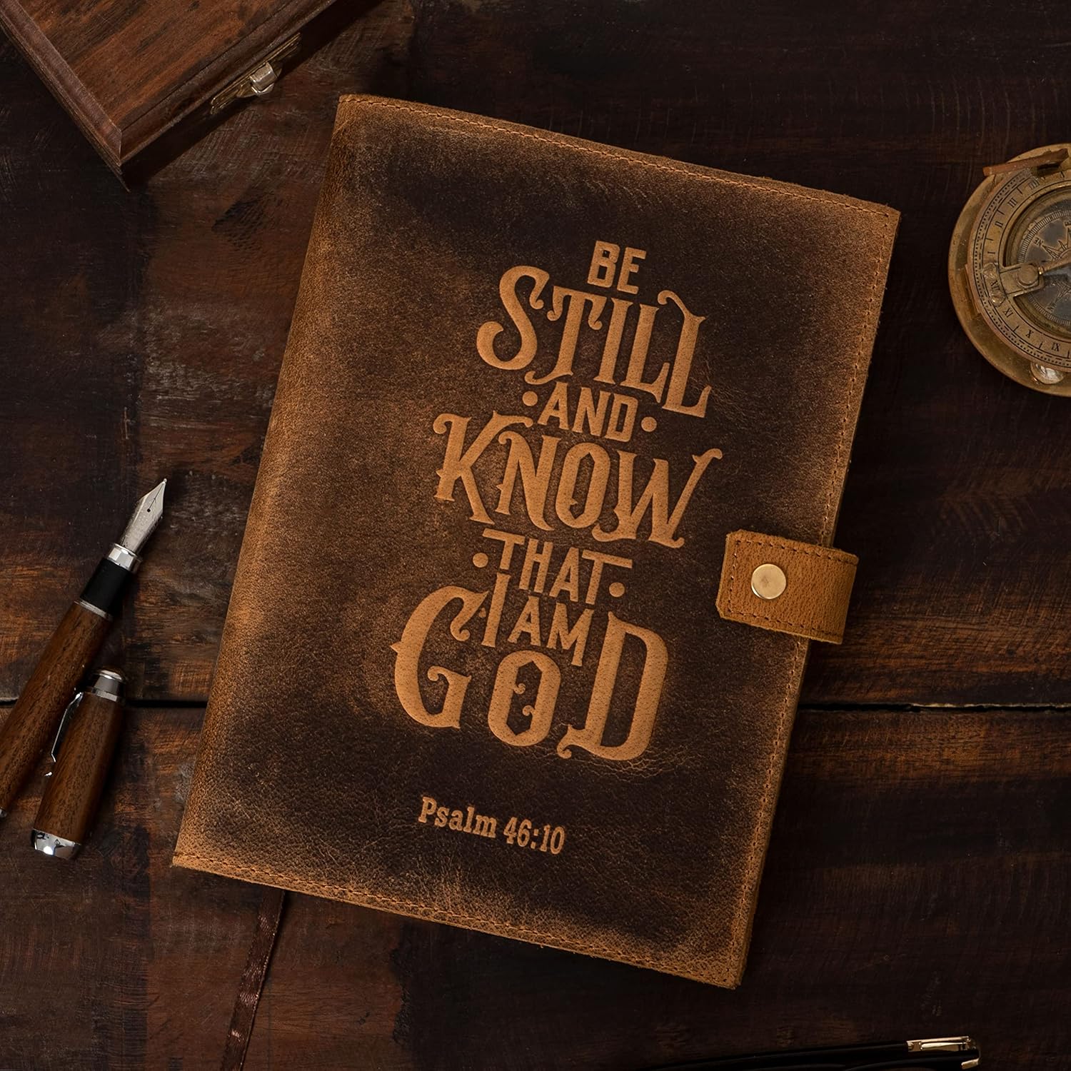 Refillable Leather Journal Lined Notebook, Bible Journal Psalm 46v10 Embossed Bible Verse | Christian Journal, Refillable Notebook for Men and Women Pen Holder & Card Slots, 200 Pages, 9 x 6 Inches