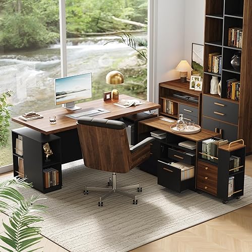 Home Office Furniture Set, 71" Electric Standing Desk with 2 Wide File Cabinet, AC/USB, Mobile File Cabinet with Lockable Wheels, Furniture Set with Multiple Functions,Black Walnut