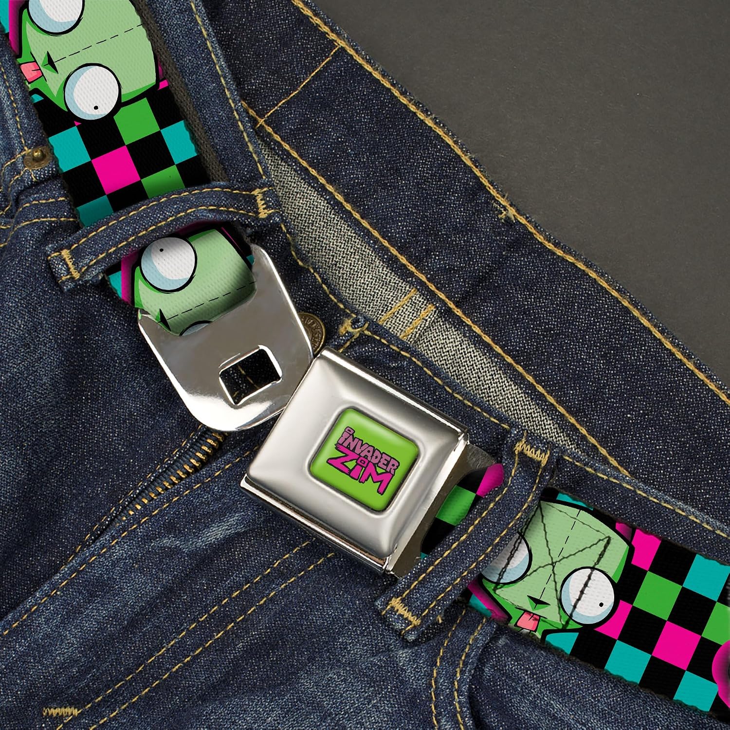 Nickelodeon Belt, Seatbelt Buckle Belt, Invader Zim GIR Face Checker Black Multi Neon, Adjustable