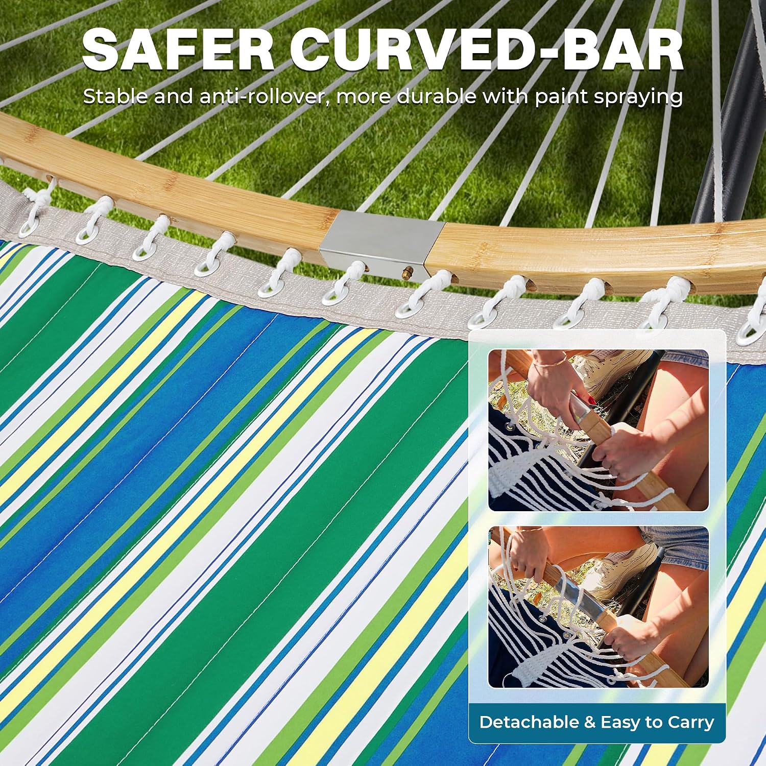 SUPERJARE Curved-Bar Hammock with Stand, 2 Person Heavy Duty Hammock Frame, Detachable Pillow & Portable Carrying Bag, Perfect for Outdoor & Indoor, Green Bold Stripe